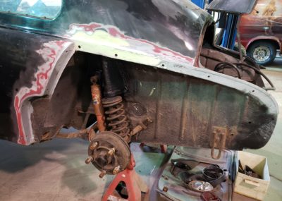 Drivers rear fender with reconstructed spring tower and rust repair